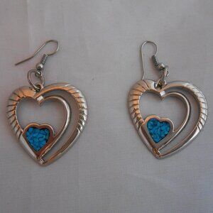 Sterling Silver and Turquoise Heart Shaped Earrings, Dangle, Pierced Ears, Women